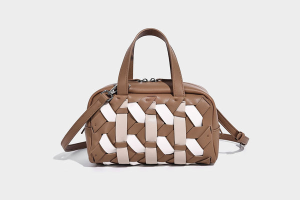 Small structured satchel bag with two-tone woven front panel, dual top handles, and detachable crossbody strap in tan brown