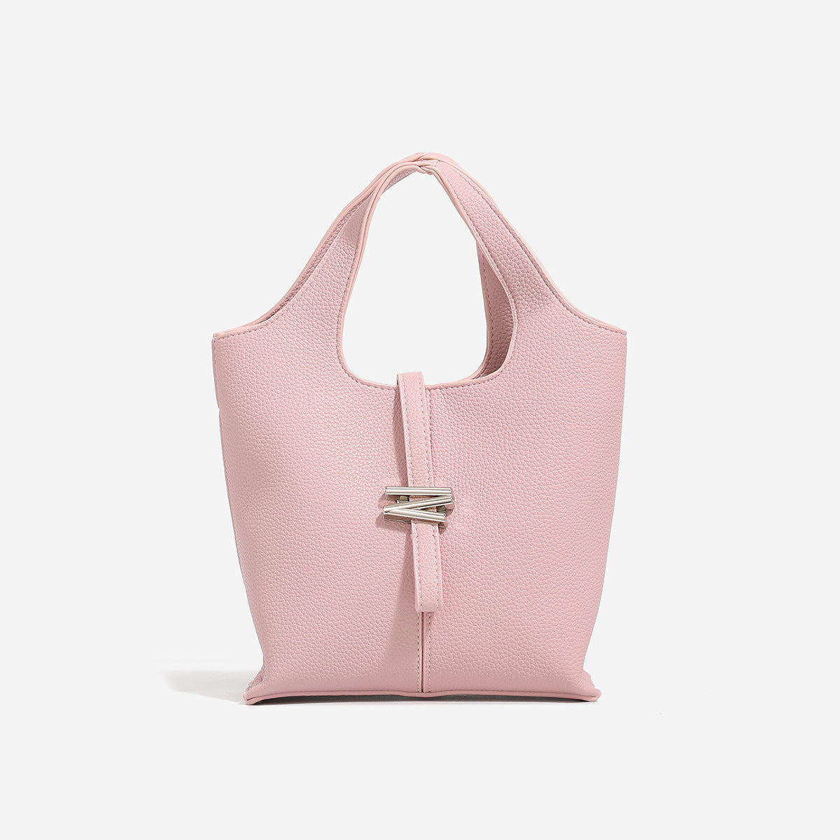 Mini pebbled leather-look bucket tote with silver toggle clasp and dual top handles, detail view 6