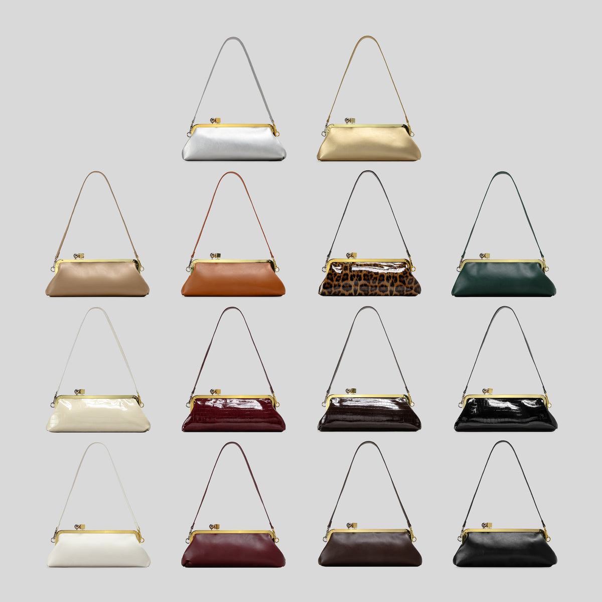 Strukturierte Clutch mit Kiss-Lock-Rahmenverschluss aus dunkelbrauner, krokodil-geprägter Lederoptik mit goldfarbenen Details und schmalem