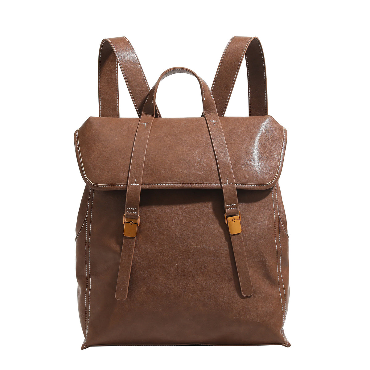 Structured leather-look flap backpack handbag with top handle, buckle front straps, white contrast stitching, and gold-tone