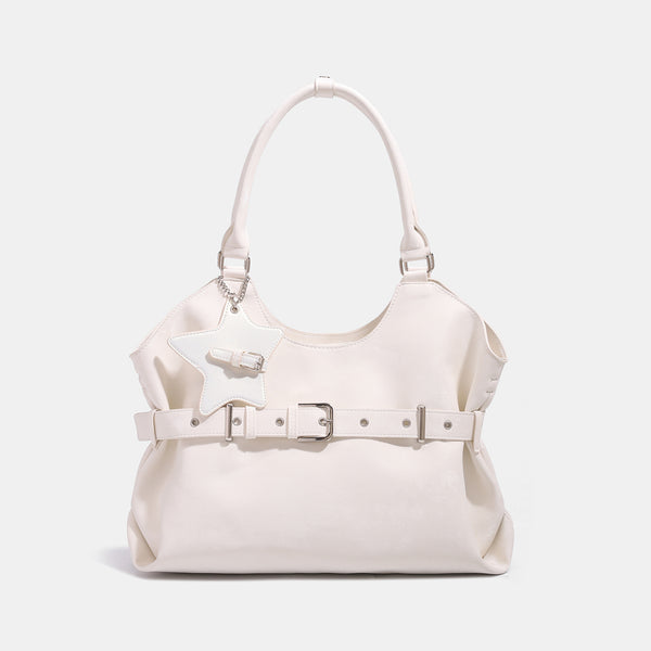 Large soft hobo shoulder bag with glossy textured finish, decorative belt buckle, star charm, and silver-tone hardware
