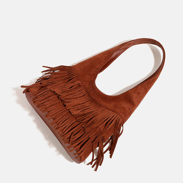 Cognac brown suede-look hobo shoulder bag with layered fringe trim and single loop strap, detail view 3