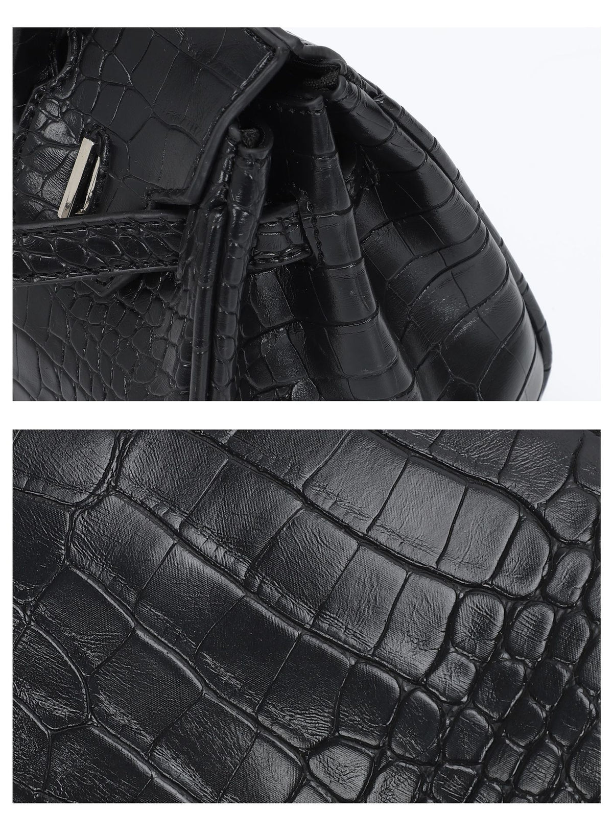 Croc-embossed structured trapezoid satchel with silver turn-lock hardware, rounded top handles, and detachable shoulder