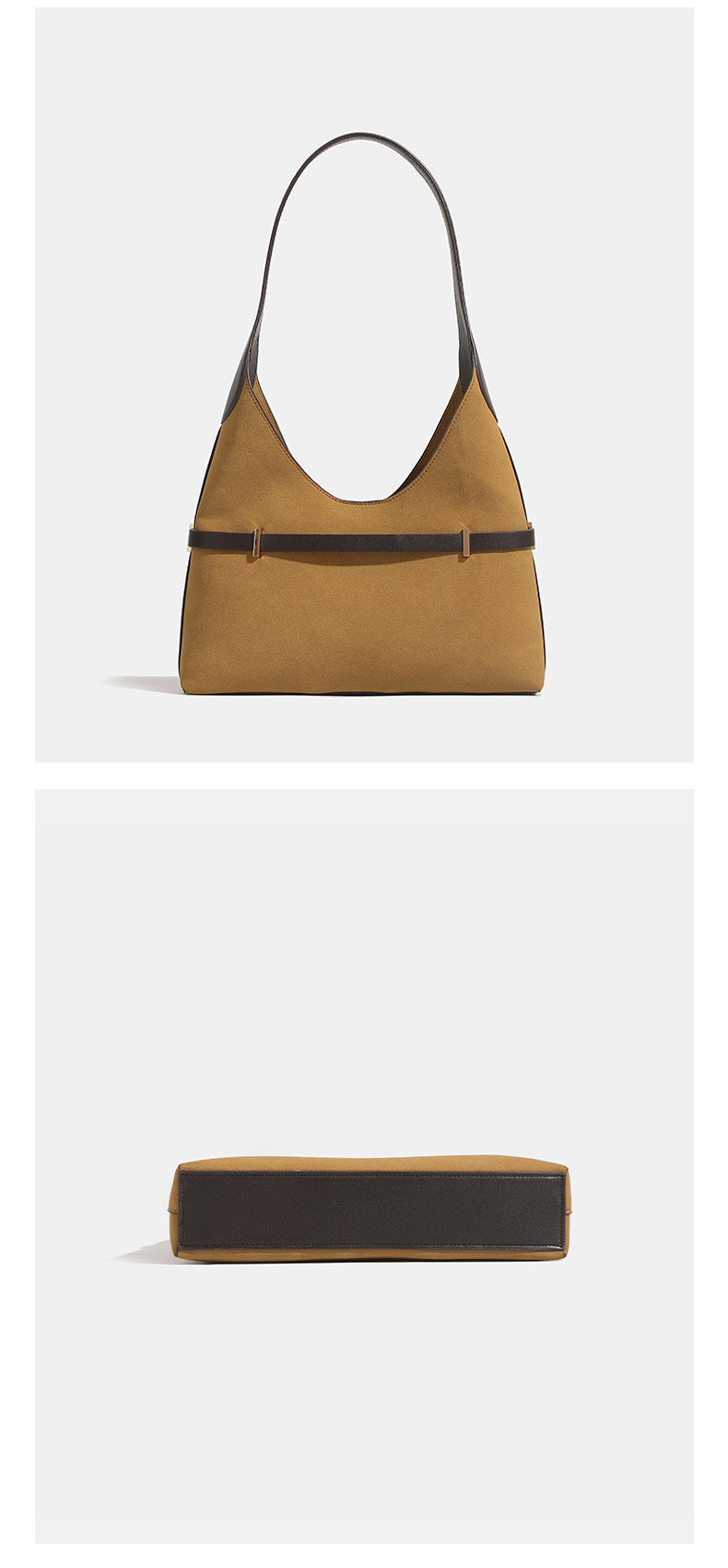Senfgelbe Hobo-Schultertasche mit matter Velourslederoptik, dunkelbraunen Besätzen in Lederoptik und roségoldfarbenem Gürtelschloss, Detailansicht 9