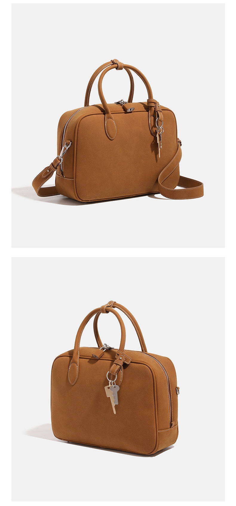 Strukturierte rechteckige Henkeltasche mit matter, genarbter Oberfläche, zwei gerollten Henkeln, silberfarbenen Reißverschlussdetails und