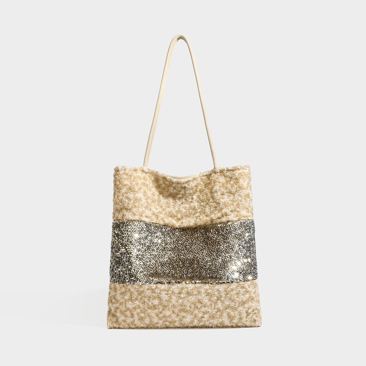 Sequin color-block shoulder tote bag with champagne and silver panels and cream leather-look straps, front view