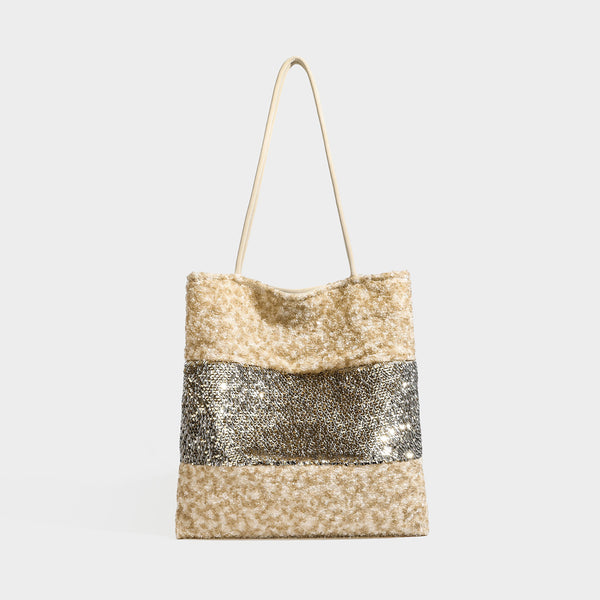 Sequin color-block shoulder tote bag with champagne and silver panels and cream leather-look straps, front view
