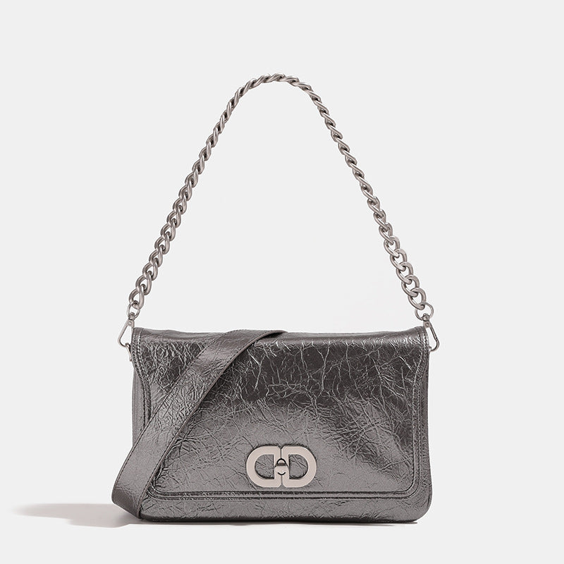 Rectangular flap shoulder bag with chunky silver-tone chain strap and crinkled leather-look finish, detail view 8