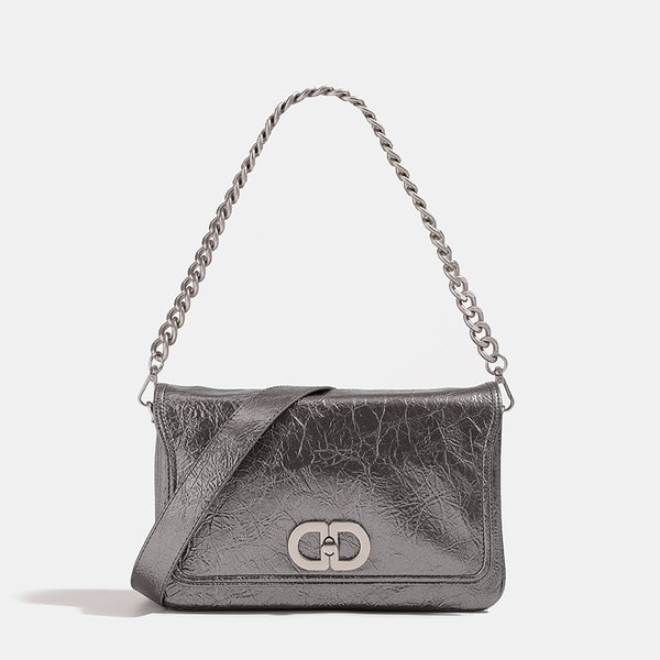 Rectangular flap shoulder bag with chunky silver-tone chain strap and crinkled leather-look finish, detail view 8