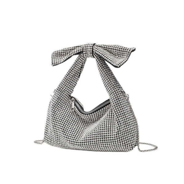 Schultertasche mit Schleife, vollständig mit Kristall-Strasssteinen besetzt, Kettenriemen und Reißverschluss, Detailansicht 5