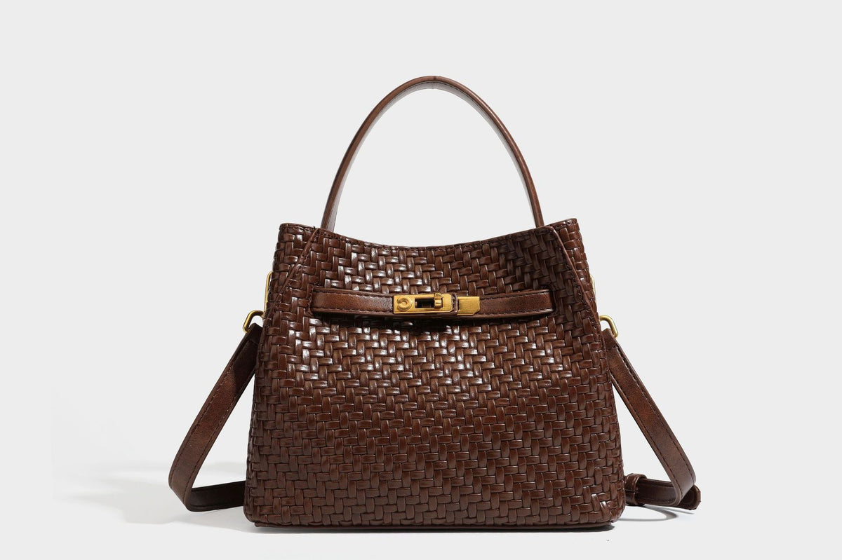 Structured woven leather-look bucket bag with gold-tone turn-lock hardware and detachable shoulder strap, detail view 30