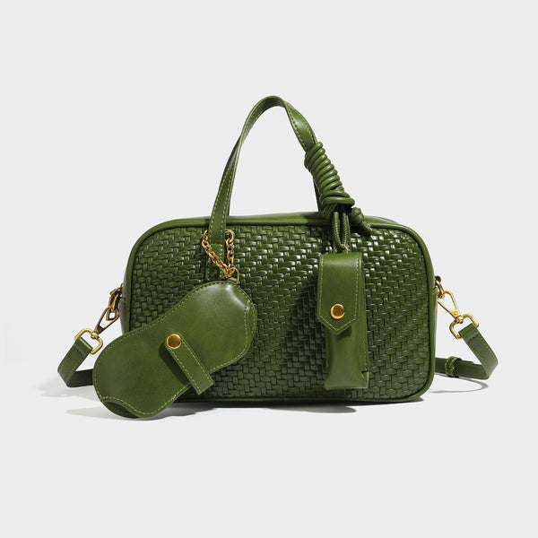 Strukturierte, rechteckige Satchel-Bag mit geflochtenem Frontpanel in Lederoptik, goldfarbenen Beschlägen, zwei Tragegriffen und abnehmbarem