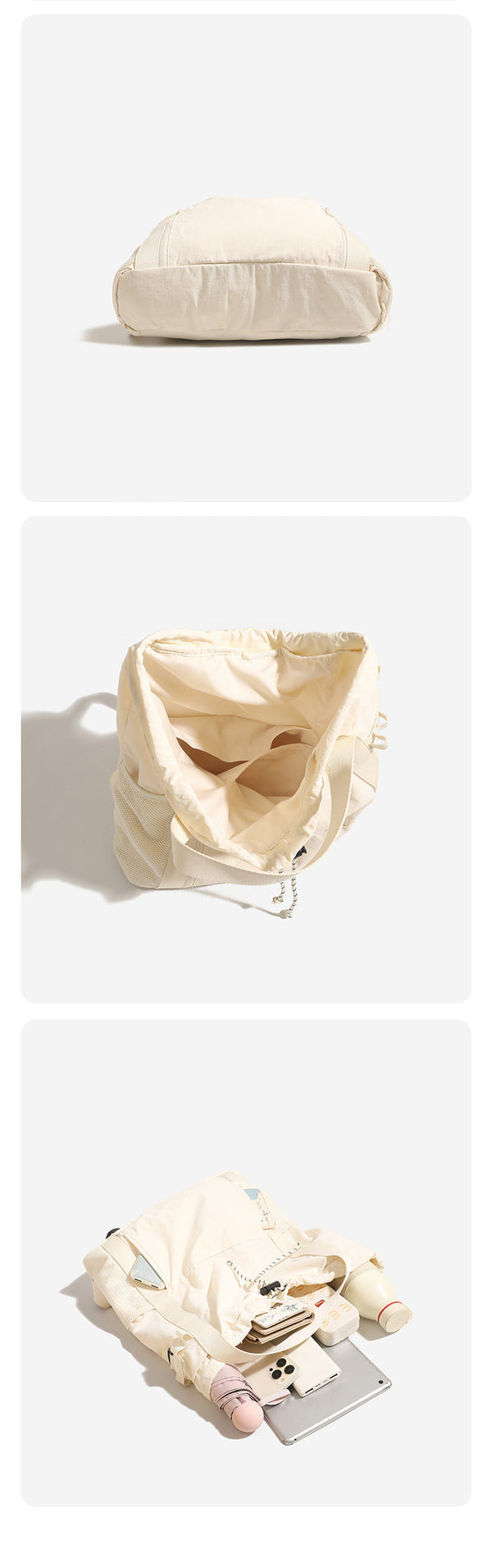 Soft matte drawstring backpack tote with braided cord closure, front zip pocket, and mesh side panels, detail view 10
