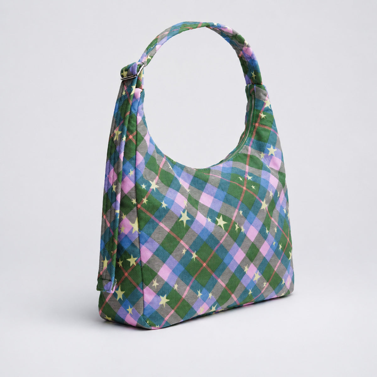 Multicolor plaid and star print hobo shoulder bag with knotted strap and silver-tone zip closure, detail view 7