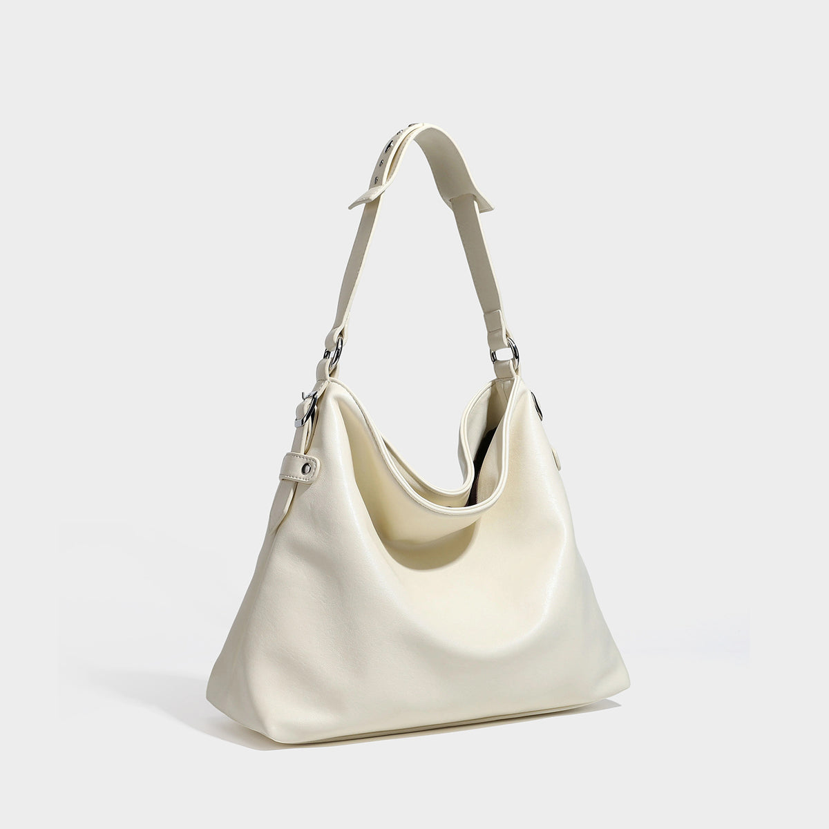 Large slouchy hobo shoulder bag in dark brown with smooth leather-look finish, adjustable strap, and silver-tone hardware