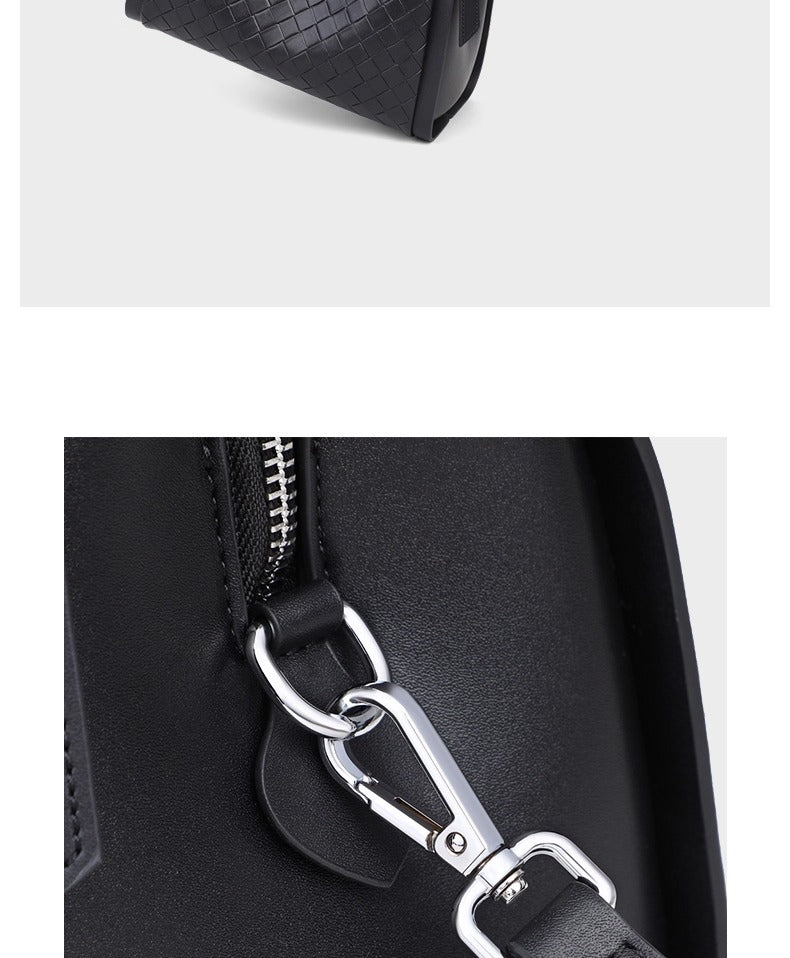 Black woven leather-look bucket tote bag with dual top handles and detachable shoulder strap, silver-tone hardware and zip
