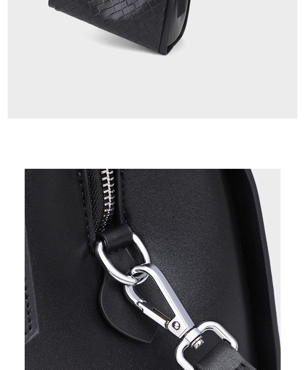 Black woven leather-look bucket tote bag with dual top handles and detachable shoulder strap, silver-tone hardware and zip