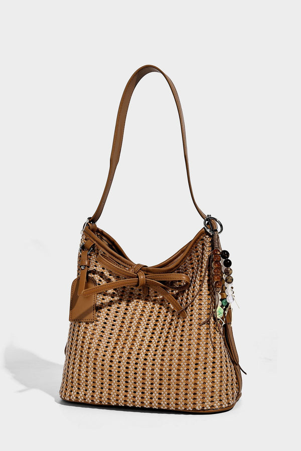 Slouchy open-weave shoulder tote bag with leather-look tan trim, tie-front closure, and long adjustable strap, detail view 15