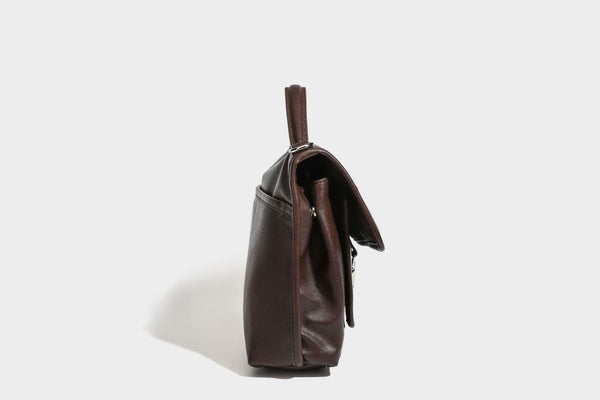 Structured rectangular satchel bag in dark espresso brown with smooth leather-look finish, flap front with silver turn-lock