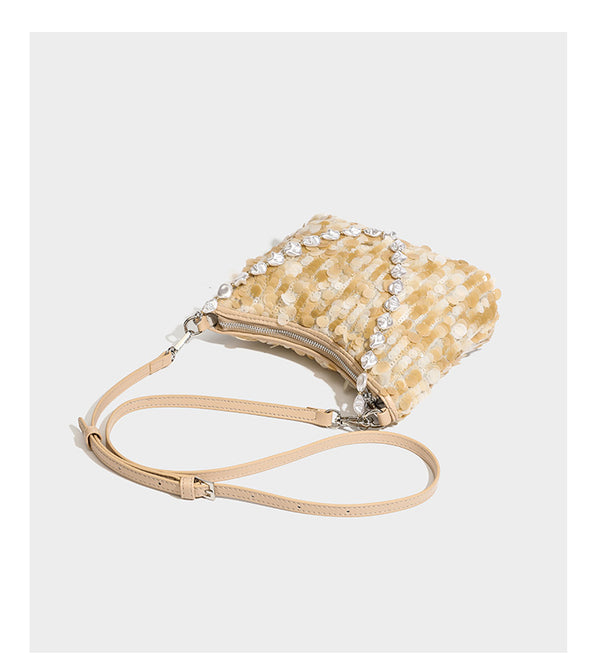 Champagne and ivory large-disc sequin shoulder bag with baroque faux-pearl beaded chain strap and silver-tone zip closure
