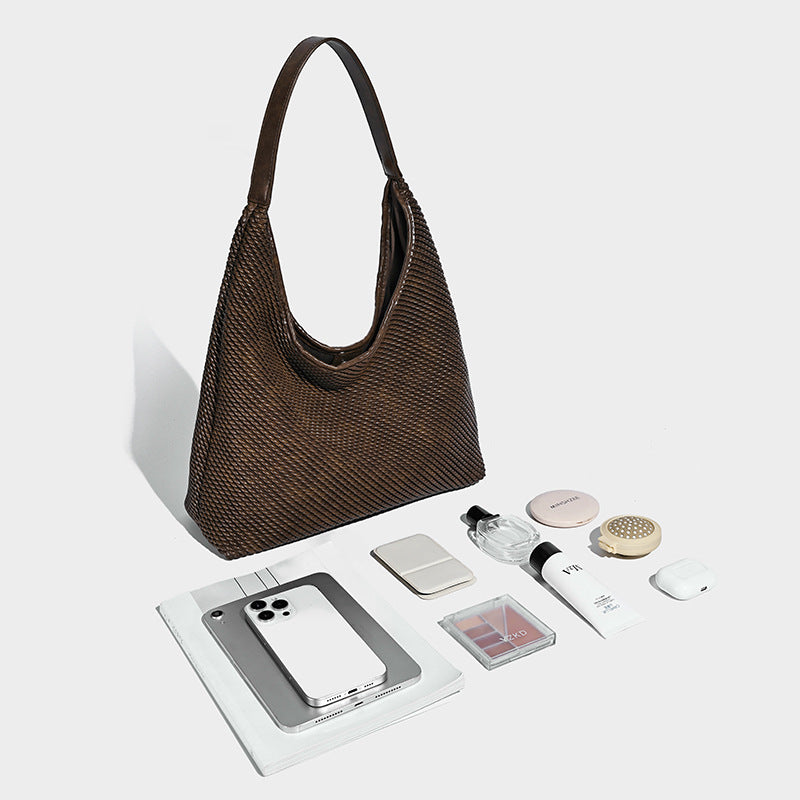 Lässige Hobo-Schultertasche im gewebten Look in Braun mit Besatz in Lederoptik und abnehmbarer Reißverschlusstasche auf der Vorderseite, Detailansicht 4