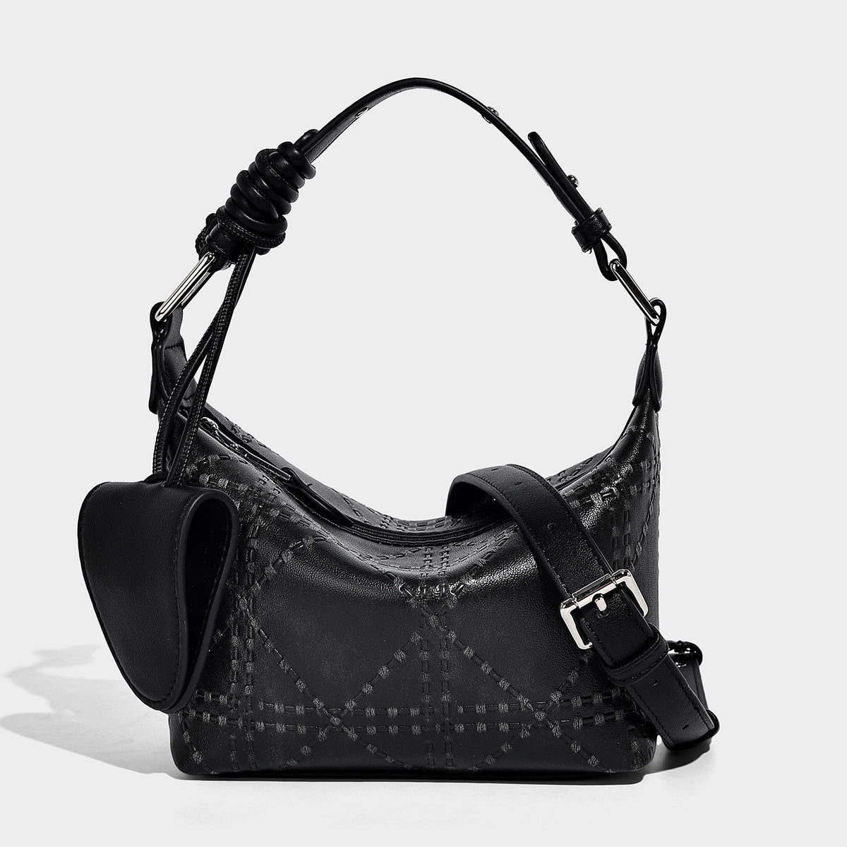 Small embossed half-moon shoulder bag with top zipper, detachable front pouch, and adjustable slim strap, detail view 3