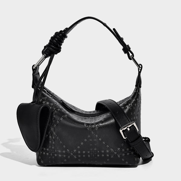 Small embossed half-moon shoulder bag with top zipper, detachable front pouch, and adjustable slim strap, detail view 3