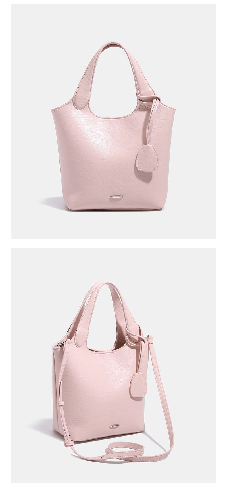 Soft glossy leather-look bucket tote bag with twin handles and detachable crossbody strap, detail view 10