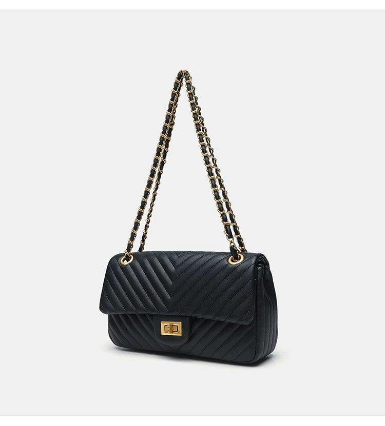Structured quilted flap bag with gold-tone chain strap and turn-lock closure, detail view 12