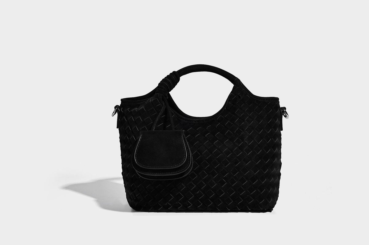 Wandelbare Tote-Schultertasche aus mattem Webmaterial mit geknoteten Tragegriffen, Vordertasche mit Klappe und abnehmbarem Schulterriemen, Detailansicht 18