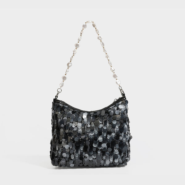 Small crescent sequin shoulder bag with pearl beaded strap and zip closure, detail view 6