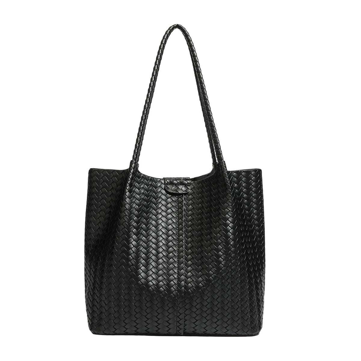 Large black basket-weave leather-look tote bag with long braided shoulder straps and matching woven zip pouch, detail view 5