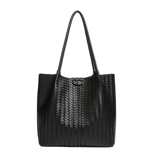 Large black basket-weave leather-look tote bag with long braided shoulder straps and matching woven zip pouch, detail view 5
