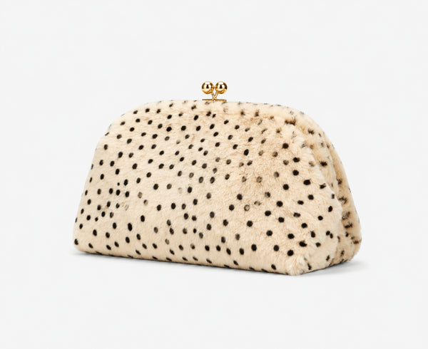 Rounded spotted faux-fur kiss-lock clutch bag with gold-tone chain strap in cream with black dot print, detail view 12