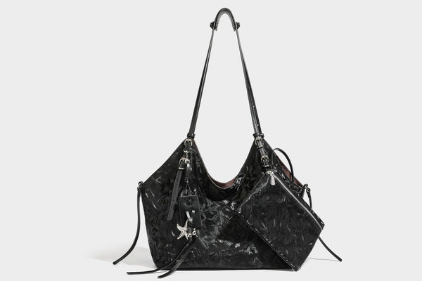 Slouchy crinkle-finish shoulder tote bag with silver hardware and attached zip pouch, detail view 21
