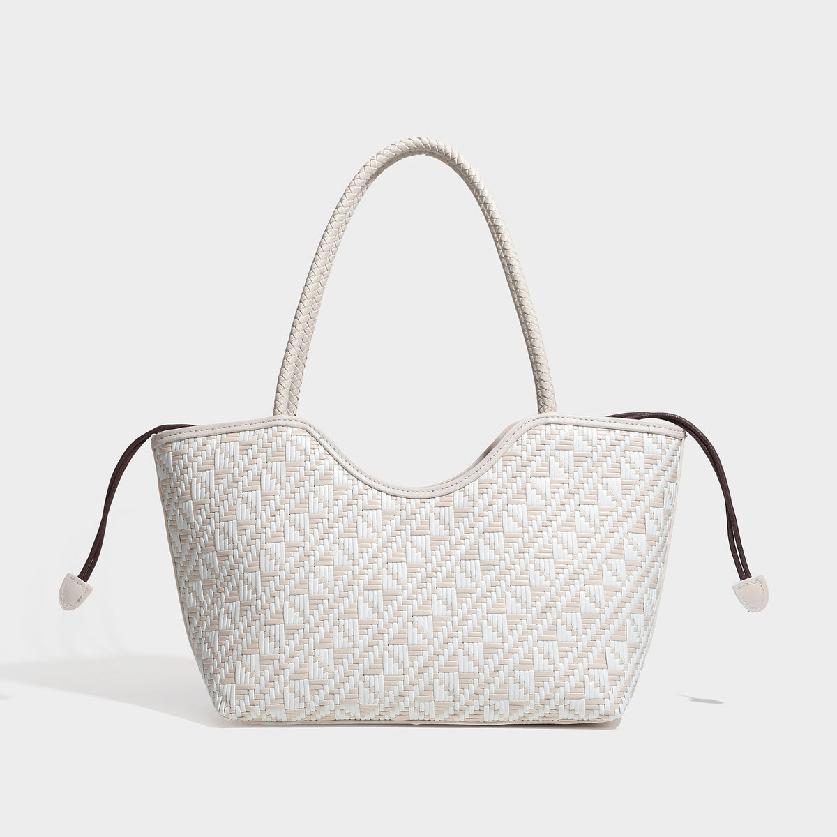 Woven geometric two-tone tote bag with braided shoulder straps and leather-look trim, detail view 7