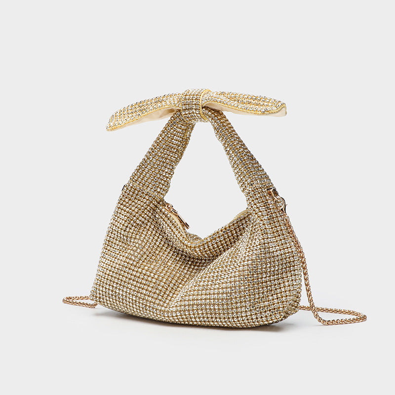 Schultertasche mit Schleife, vollständig mit Kristall-Strasssteinen besetzt, Kettenriemen und Reißverschluss, Detailansicht 8