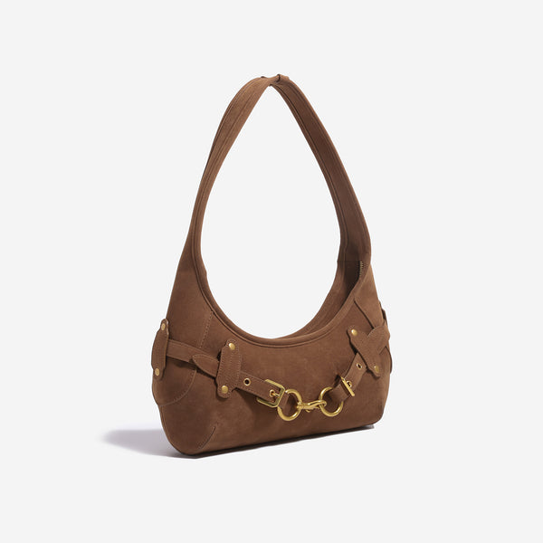 Slouchy hobo shoulder bag with gold-tone ring-and-buckle front hardware, zip top closure, and matte textured finish, detail