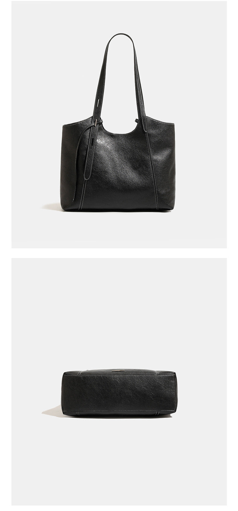 Structured open-top leather-look tote bag with long shoulder straps, contrast stitching, and side tie details, detail view 19