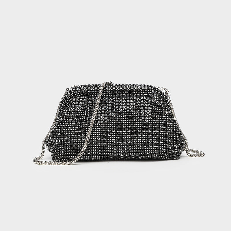 Small crystal rhinestone clutch crossbody bag with silver-tone chain strap and frame-clip closure, detail view 10