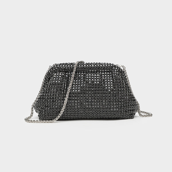 Small crystal rhinestone clutch crossbody bag with silver-tone chain strap and frame-clip closure, detail view 10