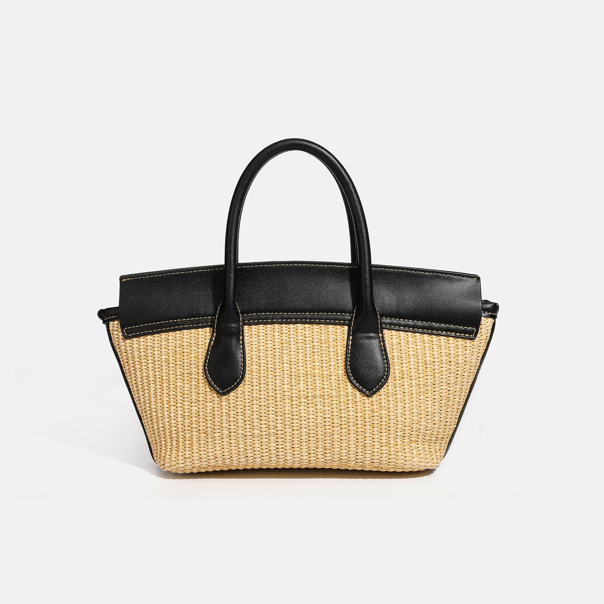 Structured tan woven straw tote bag with black leather-look trim, twin rounded top handles, gold-tone turn-lock front flap