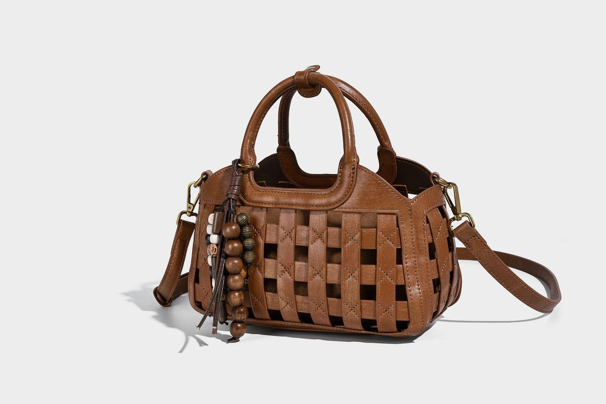 Small structured woven lattice top-handle satchel bag with bead-and-tassel charm and gold-tone hardware, detail view 35