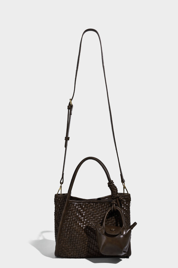 Woven texture open-top tote bag with smooth trim top handles and attached mini drawstring pouch in dark brown, detail view 13