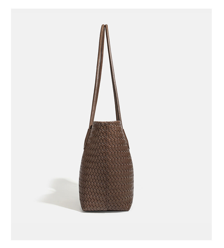 Structured woven leather-look tote bag with long shoulder straps and matching zippered pouch, detail view 14