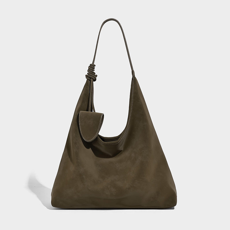 Slouchy oversized matte suede-look shoulder tote bag with knotted strap and attached front flap pouch, detail view 7