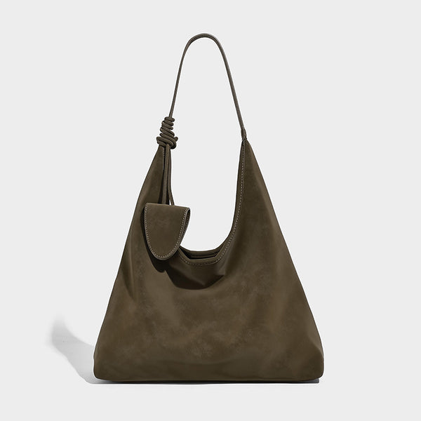 Slouchy oversized matte suede-look shoulder tote bag with knotted strap and attached front flap pouch, detail view 7