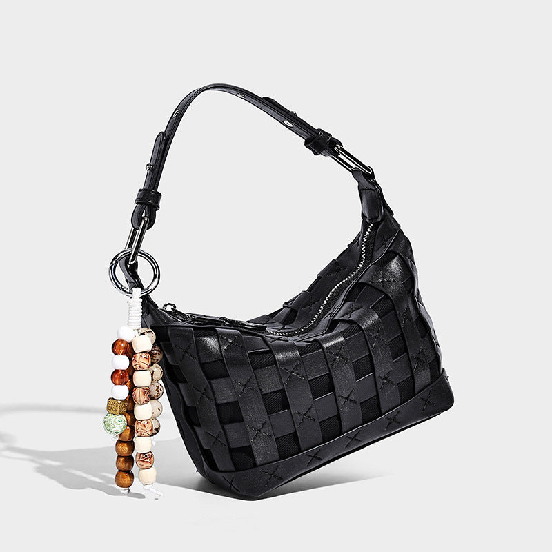 Small woven convertible shoulder bag with top zipper, silver-tone hardware, and detachable crossbody strap, detail view 13