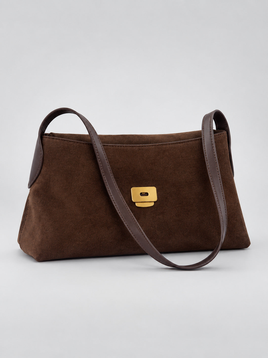 Rectangular matte suede-finish flap shoulder bag with slim dark strap and gold-tone turn-lock hardware, detail view 19