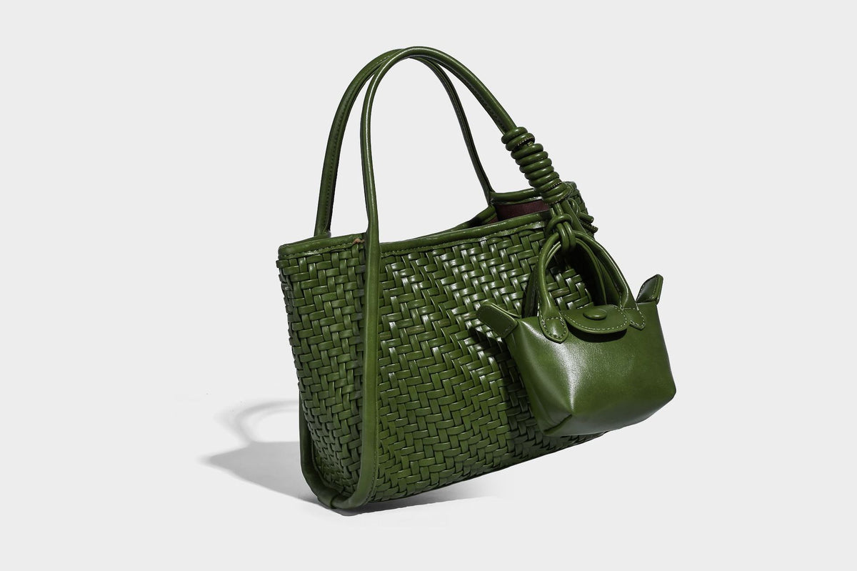 Woven texture open-top tote bag with smooth trim top handles and attached mini drawstring pouch in dark brown, detail view 26
